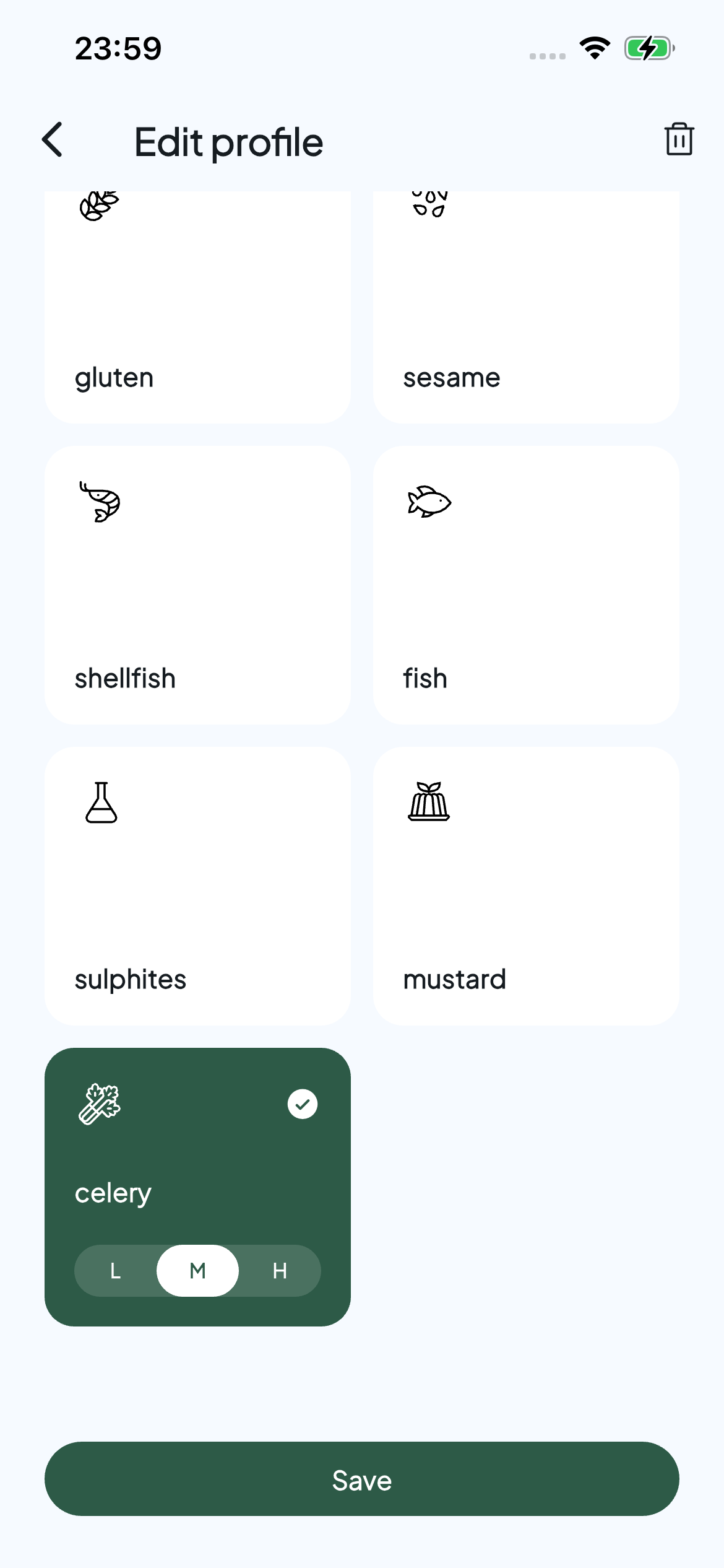 Allervibe profile editor with celery selected