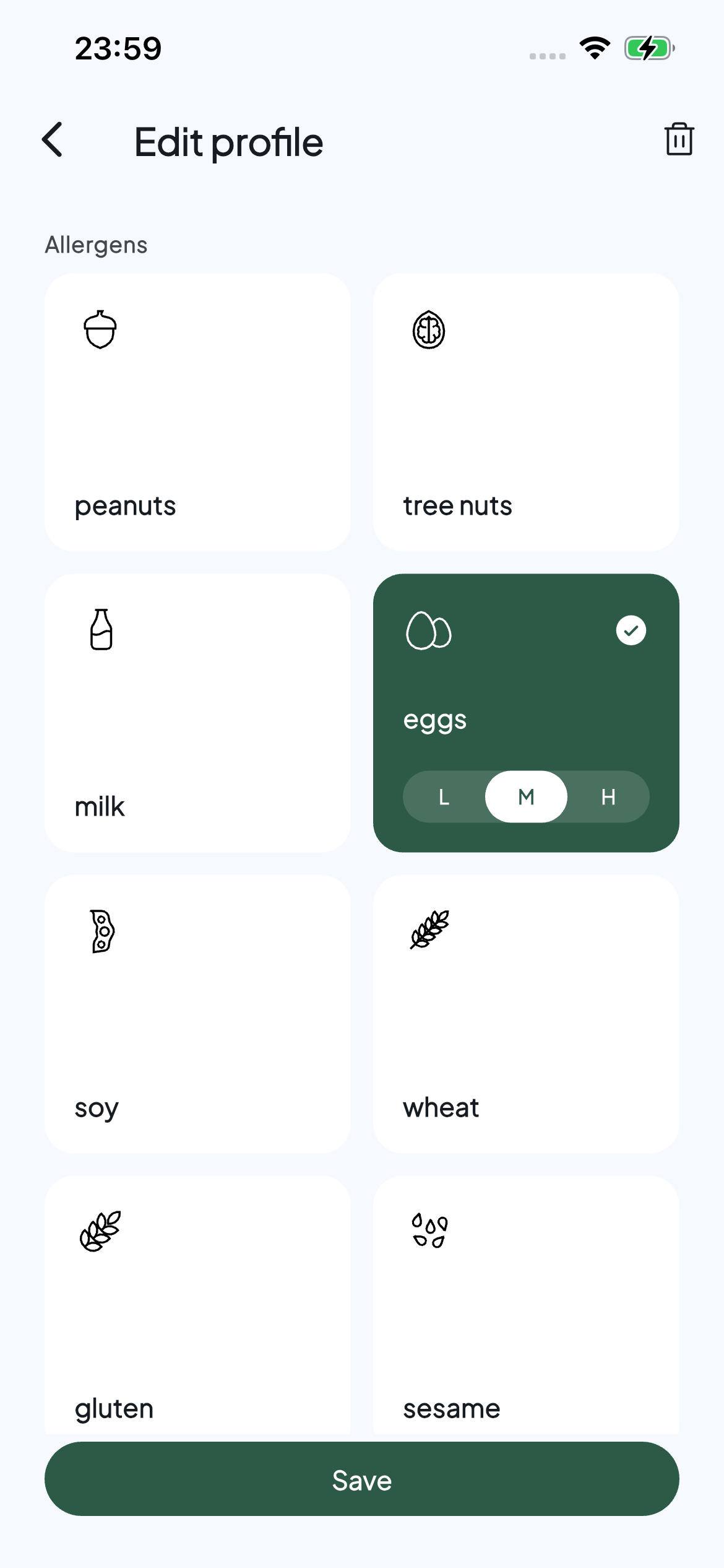 Allervibe profile editor with eggs selected
