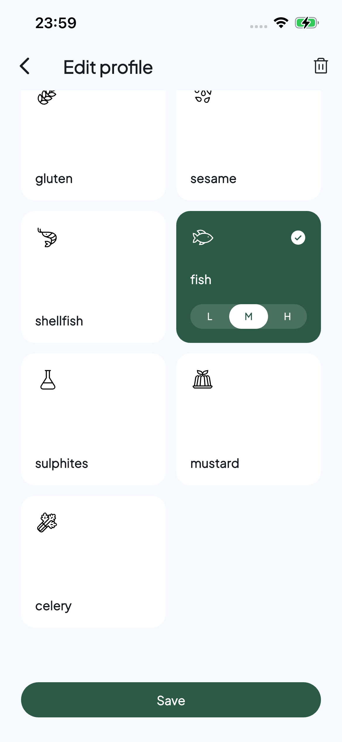 Allervibe profile editor with fish selected