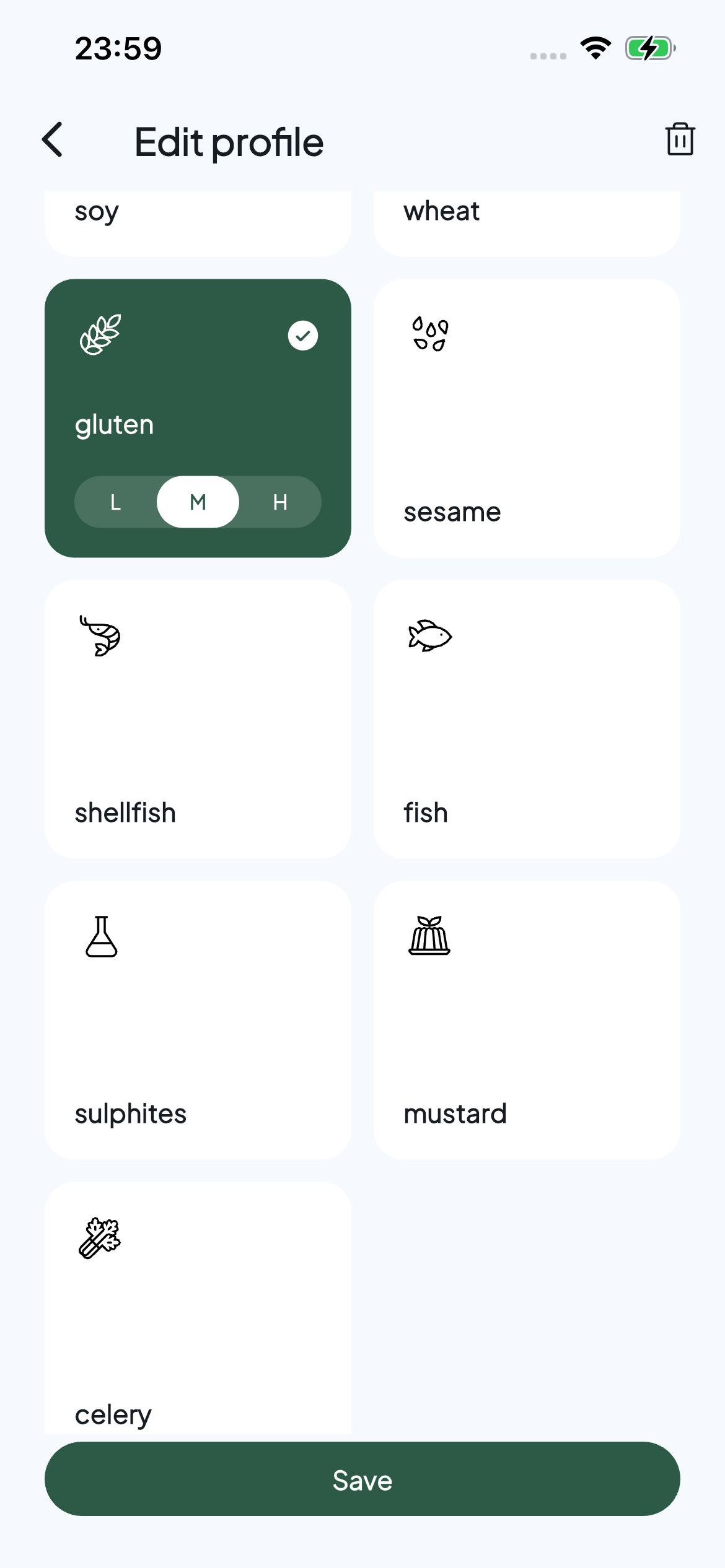 Allervibe profile editor with gluten selected