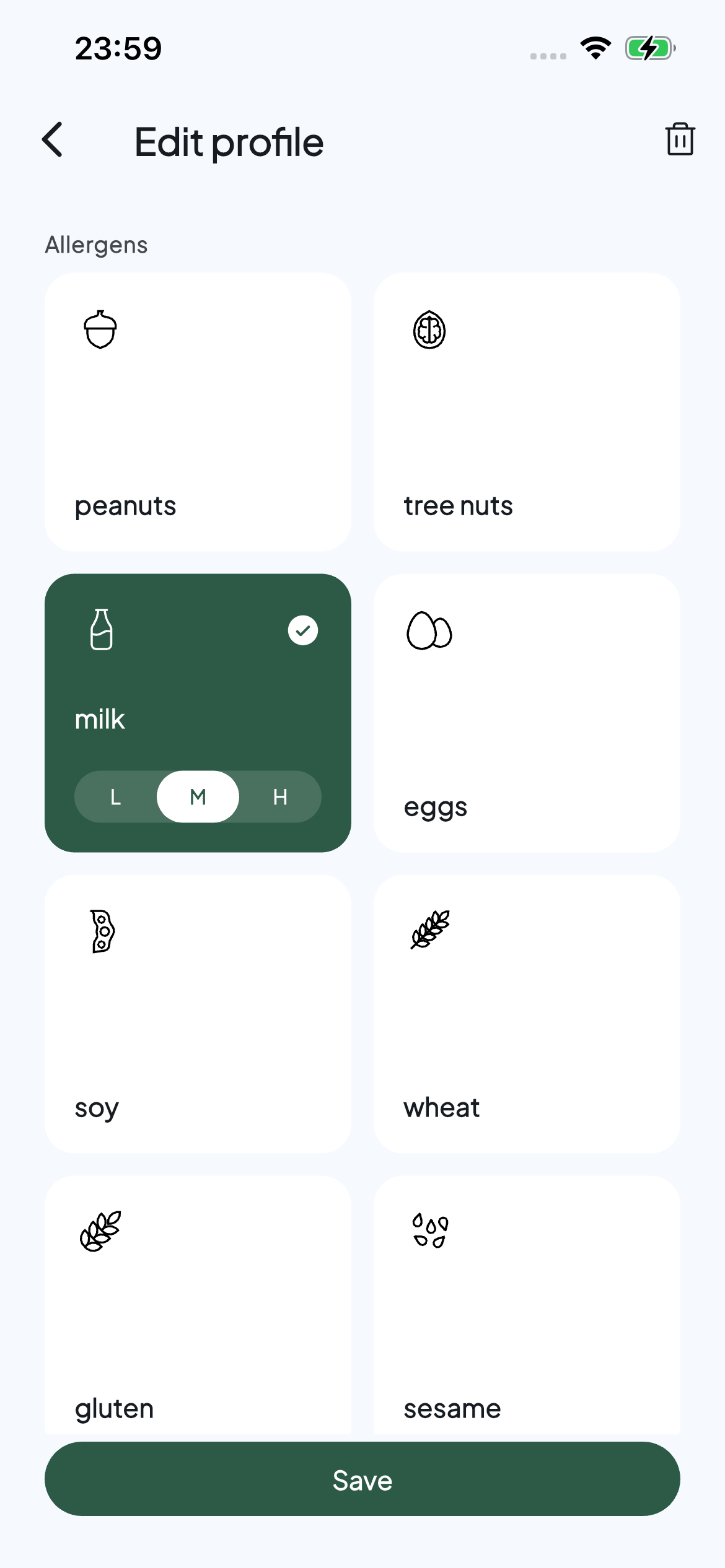 Allervibe profile editor with milk selected