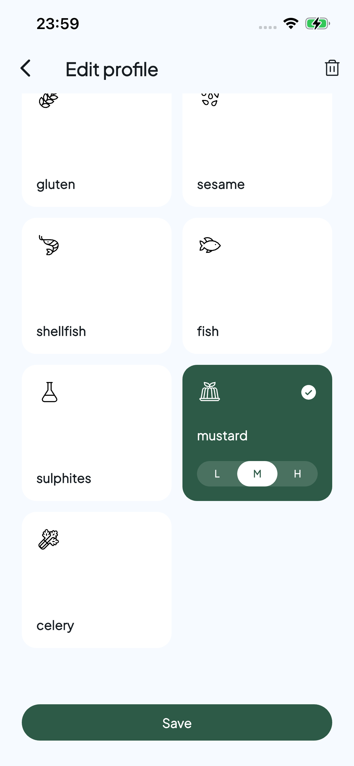 Allervibe profile editor with mustard selected
