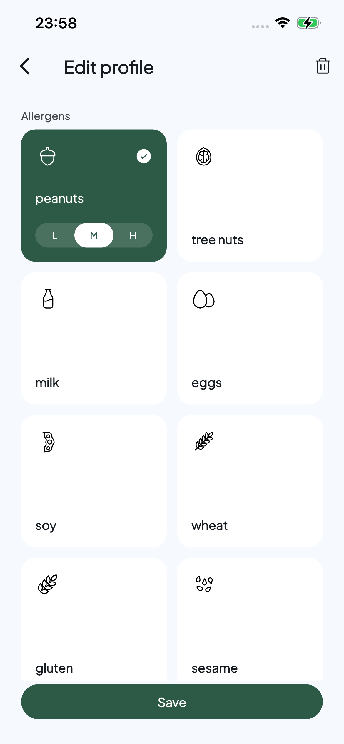 Allervibe profile editor with peanuts selected