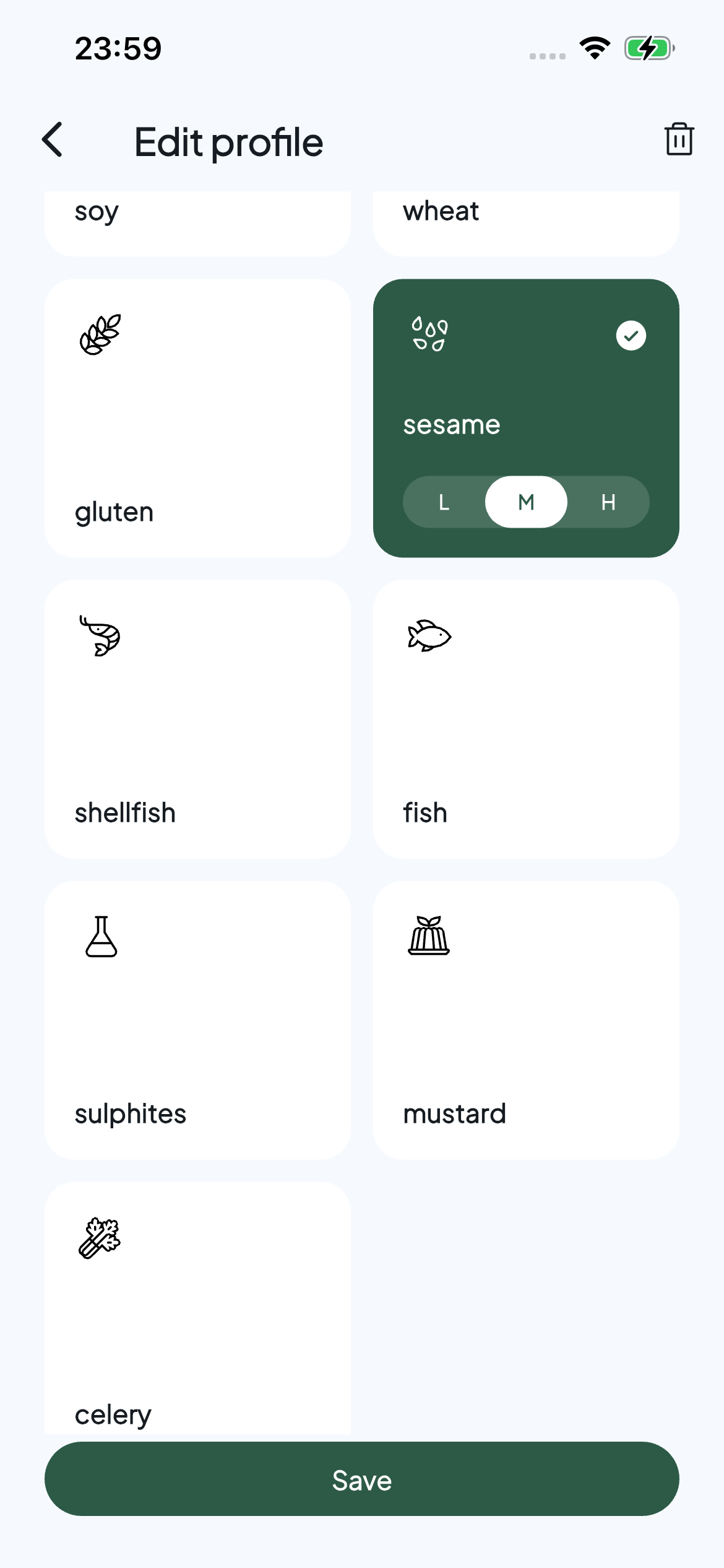 Allervibe profile editor with sesame selected
