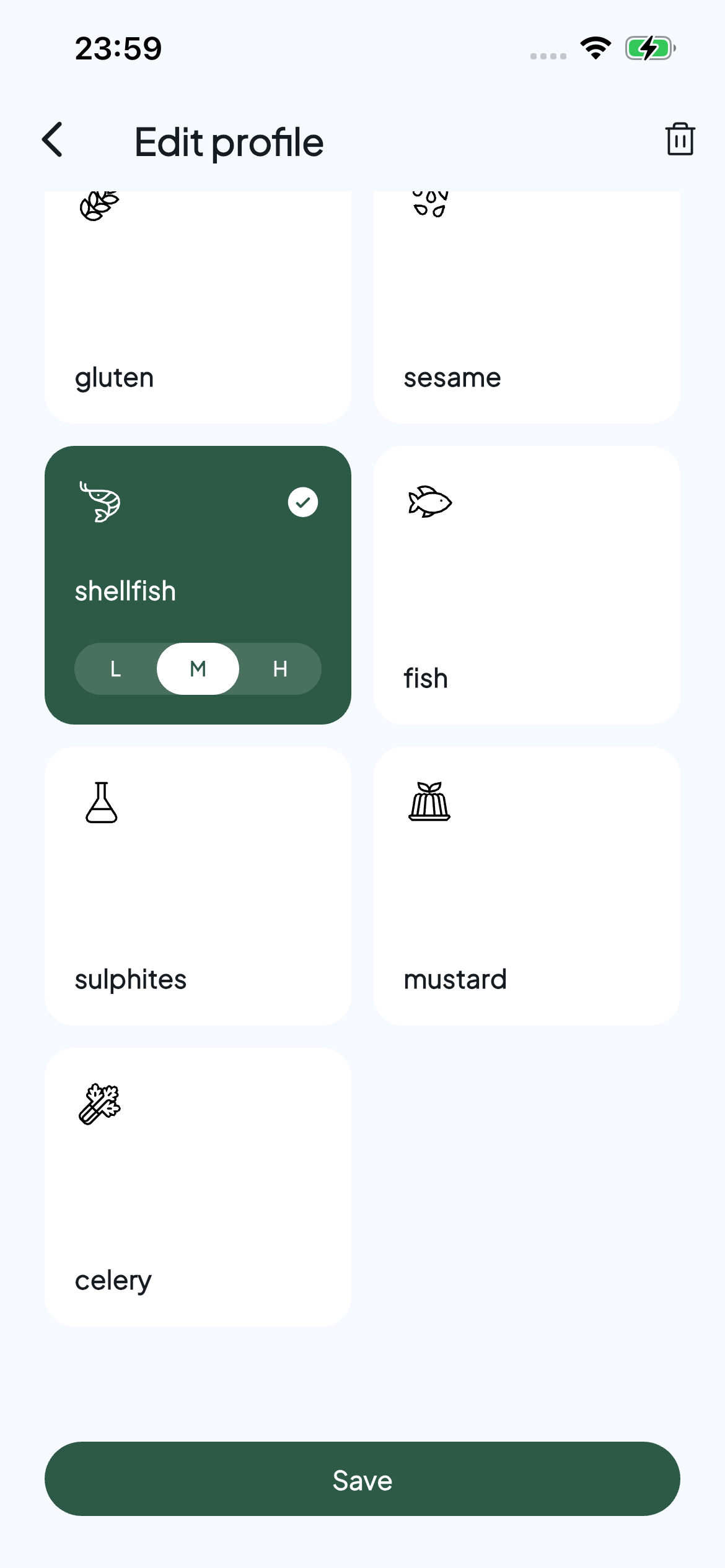Allervibe profile editor with shellfish selected