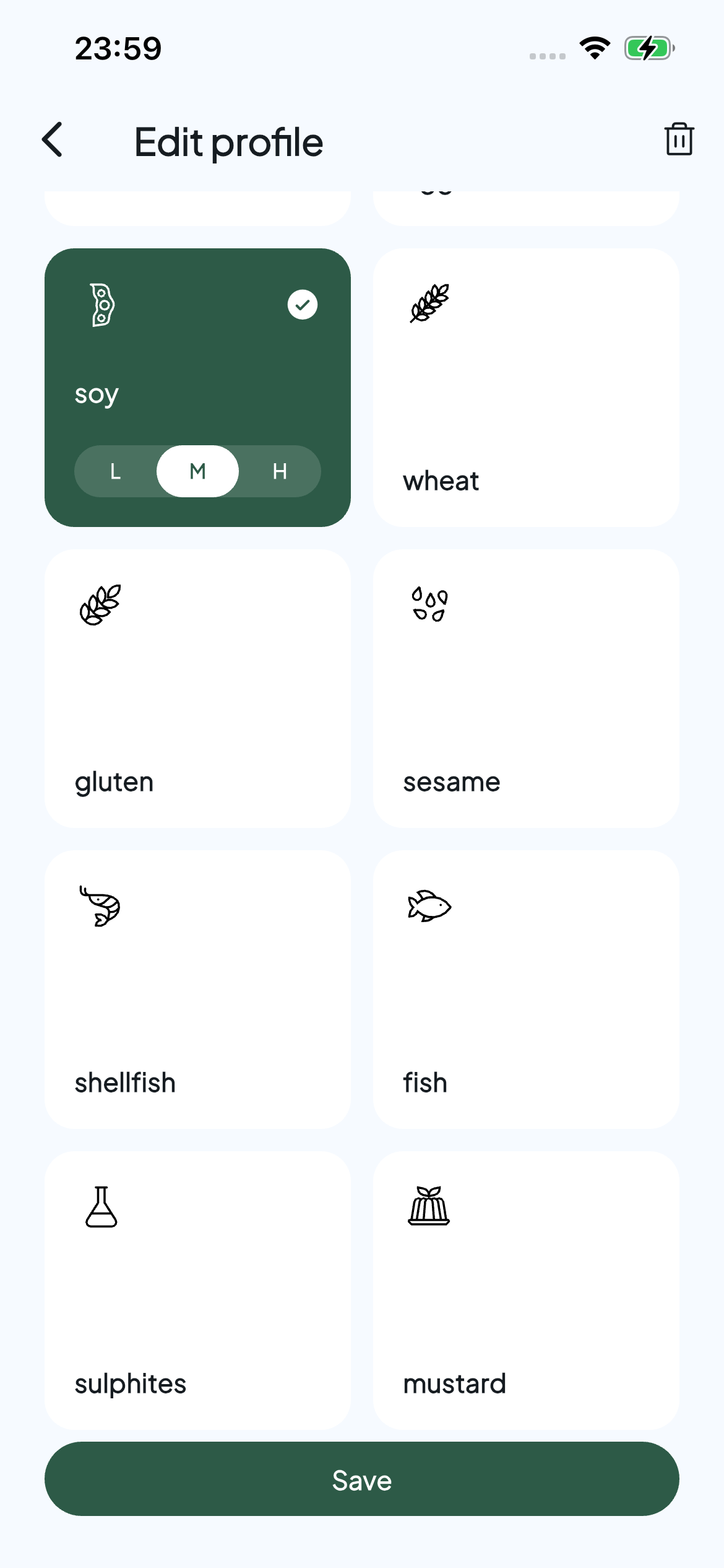 Allervibe profile editor with soy selected