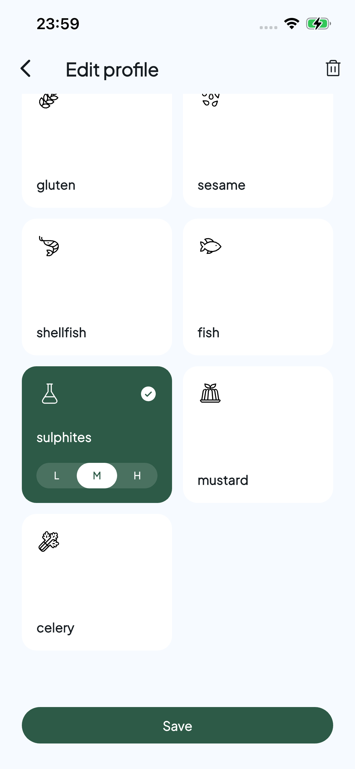 Allervibe profile editor with sulphites selected