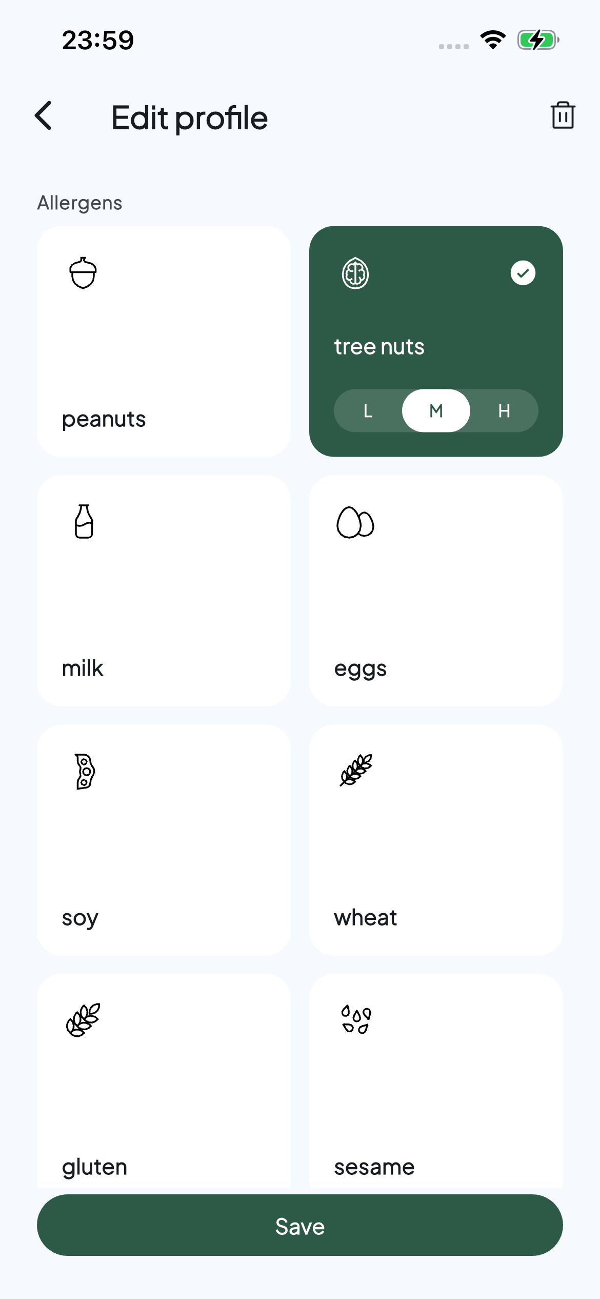 Allervibe profile editor with tree nuts selected