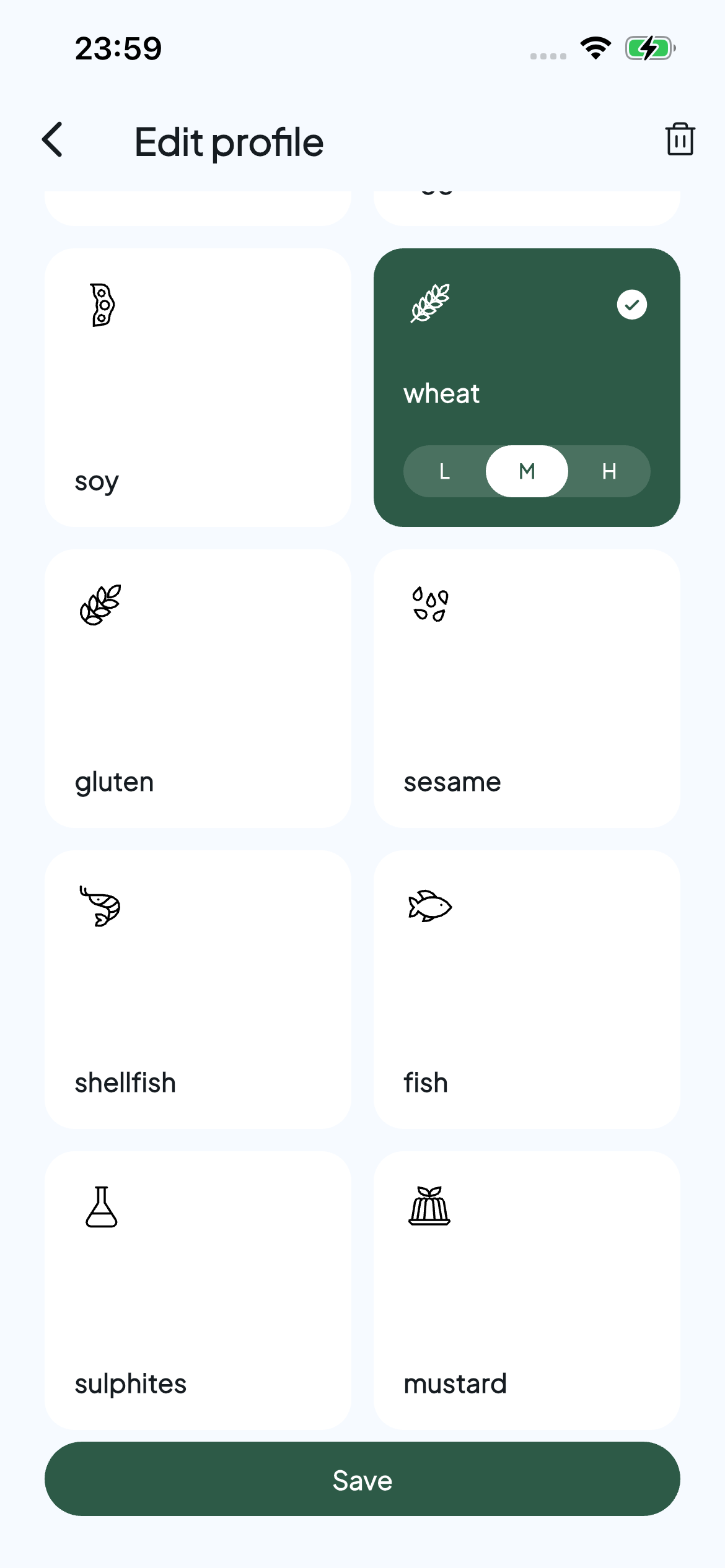 Allervibe profile editor with wheat selected